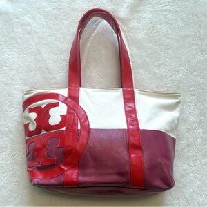 Tory Burch Dipped Canvas Beach Tote Zipper Bag in Red & Pink